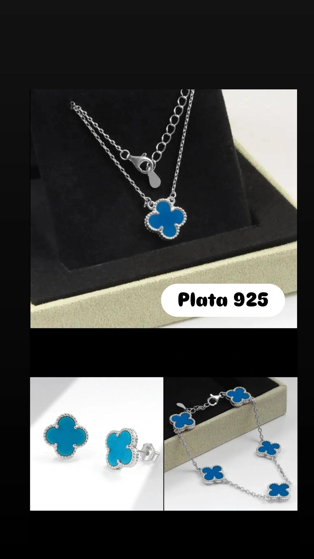 SET CLOVER AZUL EN PLATA 925
